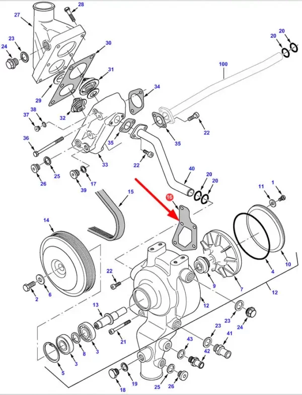 Oryginalna uszczelka pompy systemu chłodzenia o numerze katalogowym V837073622, stosowana w kombajnach zbożowych marki Massey Ferguson schemat.