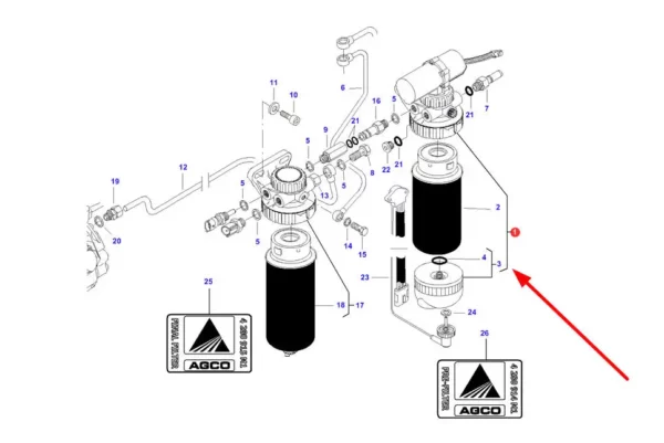 Oryginalna pompa niskiego ciśnienia z filtrem kompletnym o numerze katalogowym V837073629, stosowana w ciągnikach rolniczych marek Massey Ferguson i Valtra schemat