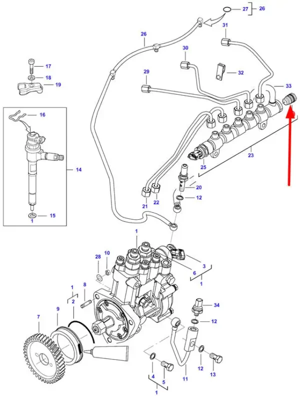 Oryginalny zawór pompy wtryskowej o numerze katalogowym V837079623, stosowany w ciągnikach rolniczych marki Massey Ferguson schemat.