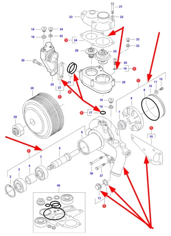 Oryginalna pompa wody, stosowana w maszynach rolniczych marki Massey Ferguson schemat.