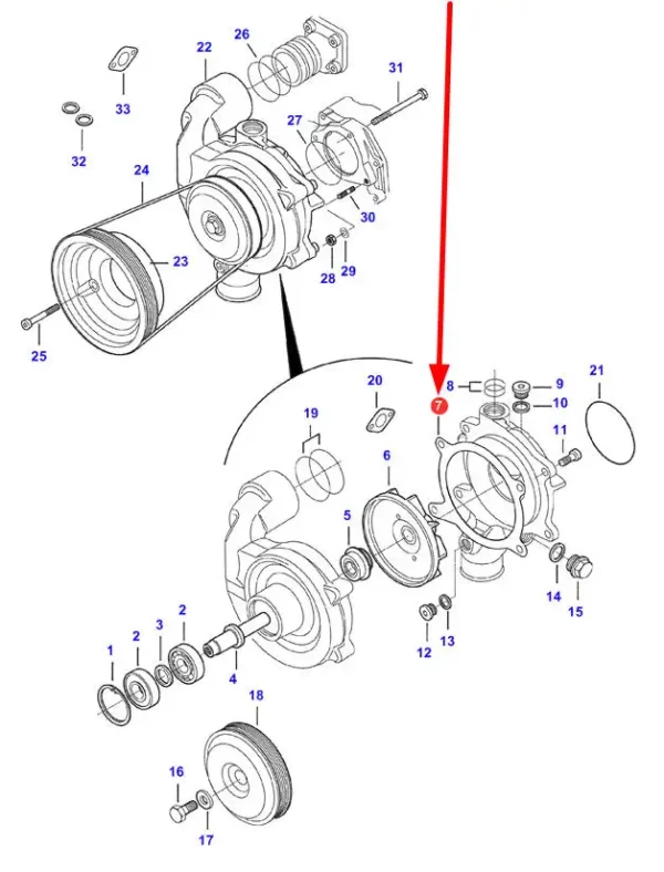 Oryginalna uszczelka pompy wody o numerze katalogowym V837084127, stosowana w kombajnach zbożowych marek Massey Ferguson, Fendt, Challenger schemat.