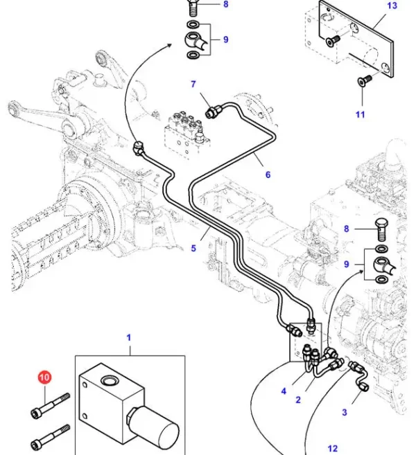 Oryginalna śruba sześciokątna o wymiarach M6 x 45 mm i numerze katalogowym VA021379, stosowana w ciągnikach rolniczych marki Massey Ferguson schemat