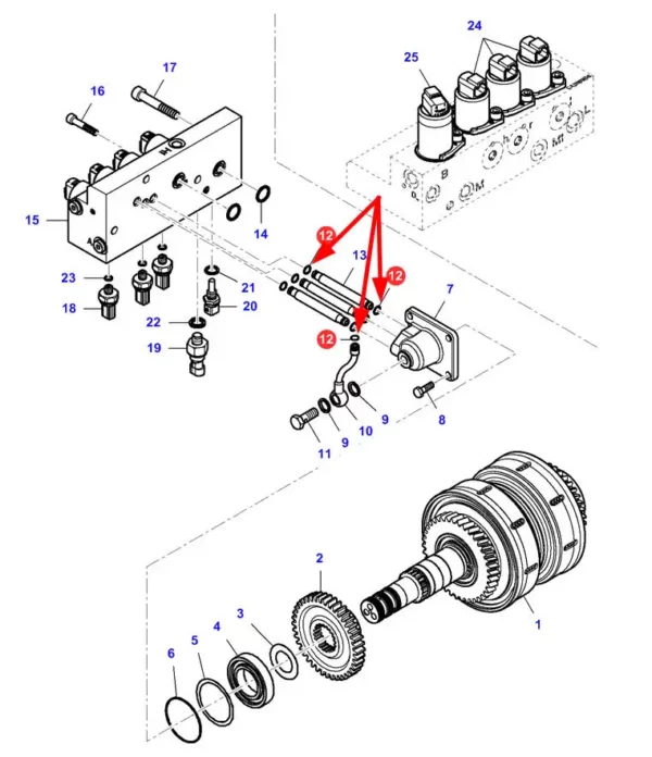 Oryginalny pierścień oring zaworu hydraulicznego reversu o numerze katalogowym VA028526, stosowany w ciągnikach rolniczych marek Challenger oraz Massey Ferguson schemat.