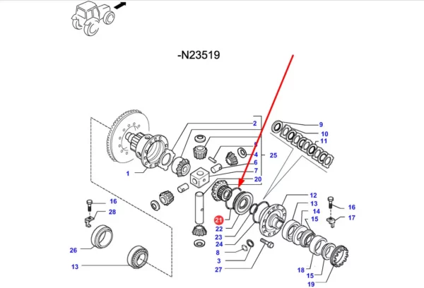 Oryginalny pierścień oring mechanizmu różnicowego o numerze katalogowym VA028638, stosowany w ciągnikach rolniczych marek Massey Ferguson, Valtra i Challenger. schemat