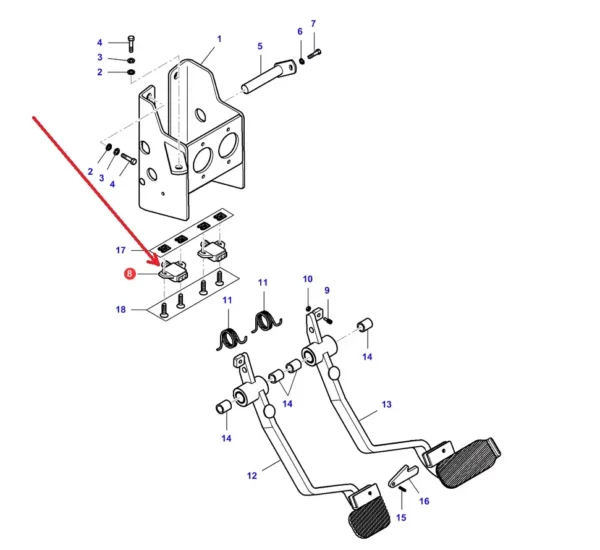Oryginalny czujnik pedału hamulca o numerze katalogowym VA030113, stosowany w ciągnikach rolniczych marek Massey Ferguson i Challenger oraz Valtra schemat