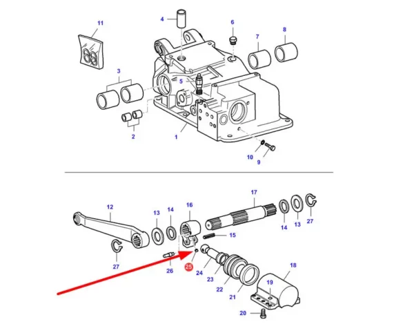 Oryginalny kołek wkręcany tłoka TUZ o wymiarach M10 x 20 mm i numerze katalogowym VA046878, stosowany w ciągnikach rolniczych marek Challenger, Massey Ferguson i Fendt schemat