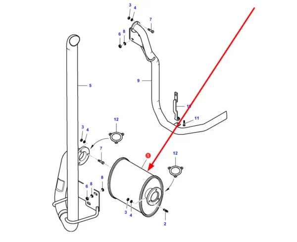 Oryginalny tłumik układu wydechowego o numerze katalogowym VA207438, stosowany w ciągnikach rolniczych marki Massey Ferguson, Challenger schemat.