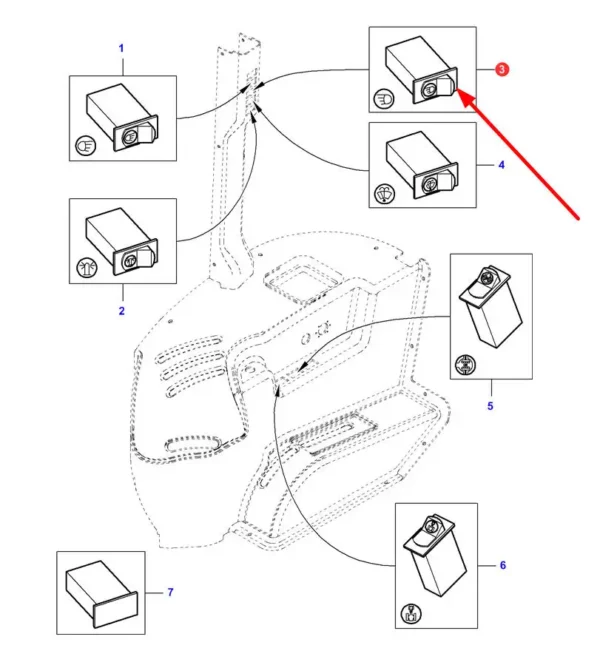 Oryginalny przełącznik świateł o numerze katalogowym VA207733, stosowany w ciągnikach rolniczych marki Massey Ferguson schemat.