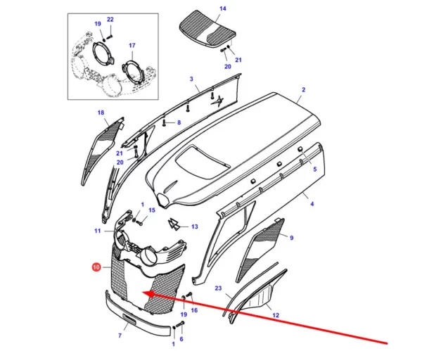 Oryginalna przednia siatka maski o numerze katalogowym VA209542, stosowana w ciągnikach rolniczych marki Massey Ferguson. schemat