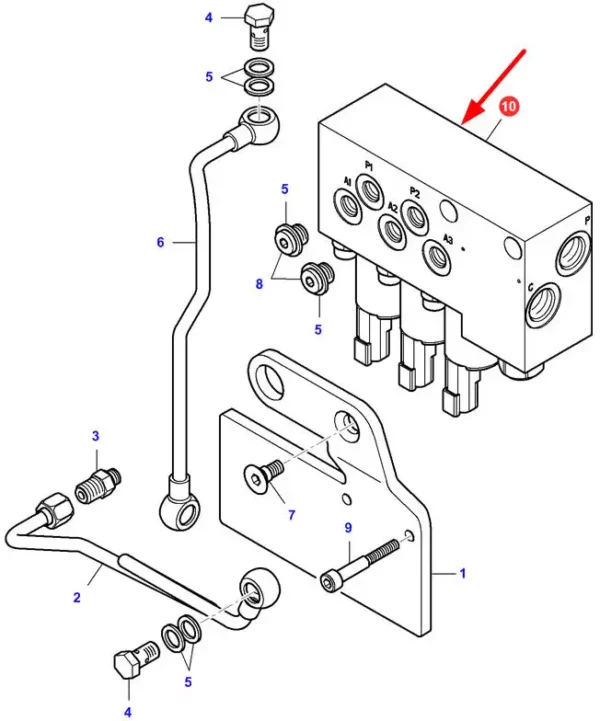 Oryginalny zawór hydrauliczny o numerze katalogowym VA262012, stosowany w ciągnikach rolniczych marki Massey Ferguson schemat.