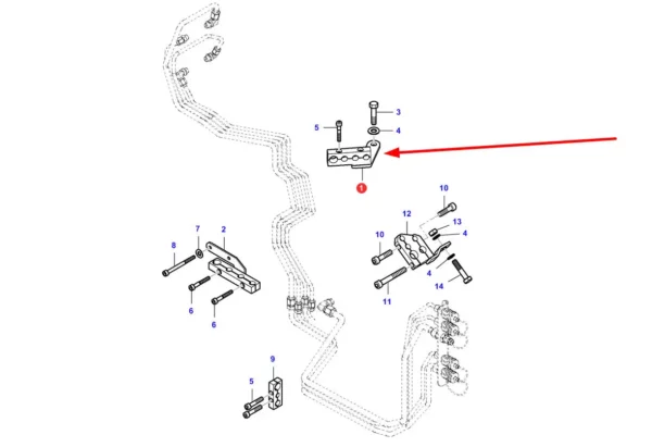 Oryginalny uchwyt przewodów hydraulicznych, stosowany w ciągnikach rolniczych marki Massey Ferguson schemat