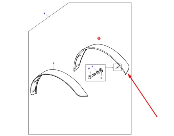 Oryginalne poszerzenie błotnika prawego o szerokości 80 mm i numerze katalogowym VA372062, stosowane w ciągnikach rolniczych marki Massey Ferguson. schemat