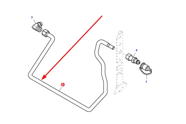 Oryginalny przewód hydrauliczny metalowy o numerze katalogowym VA374036, stosowany w ciągnikach rolniczych marki Massey Ferguson. schemat