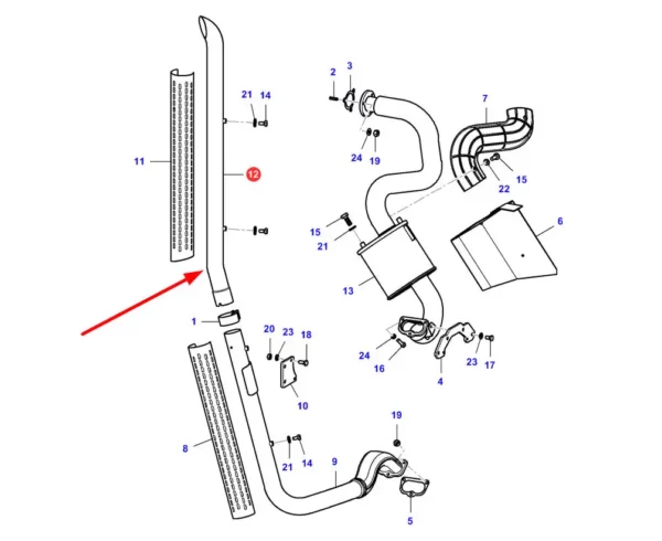 Oryginalna rura wydechowa pionowa o numerze katalogowym VA389009, stosowana w ciągnikach rolniczych marki Massey Ferguson. schemat