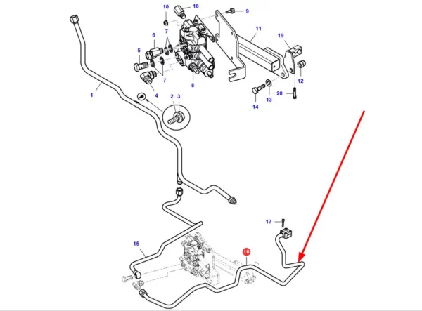 Oryginalny przewód olejowy o numerze katalogowym VA389809, stosowany w ciągnikach rolniczych marki Massey Ferguson. schemat