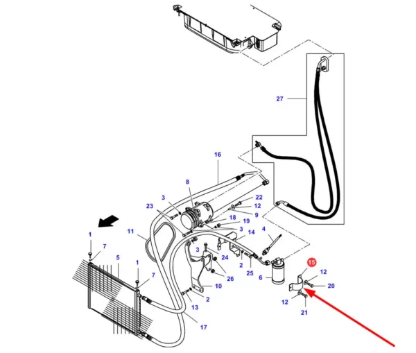 Oryginalne mocowanie osuszacza klimatyzacji, stosowane w ciągnikach rolniczych marki Massey Ferguson schemat