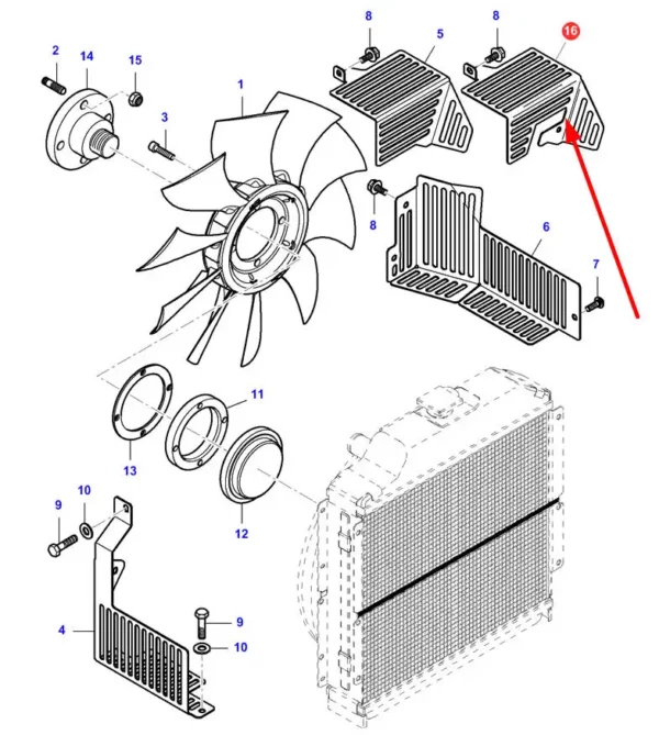 Oryginalna osłona chłodnicy o numerze katalogowym VA432736, stosowana w ciągnikach rolniczych marki Massey Ferguson schemat.