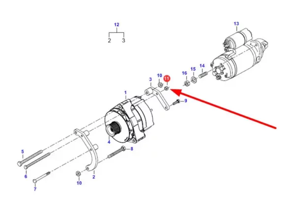 Oryginalna nakrętka M8 alternatora i rozrusznika, stosowana w maszynach rolniczych marki Massey Ferguson schemat.