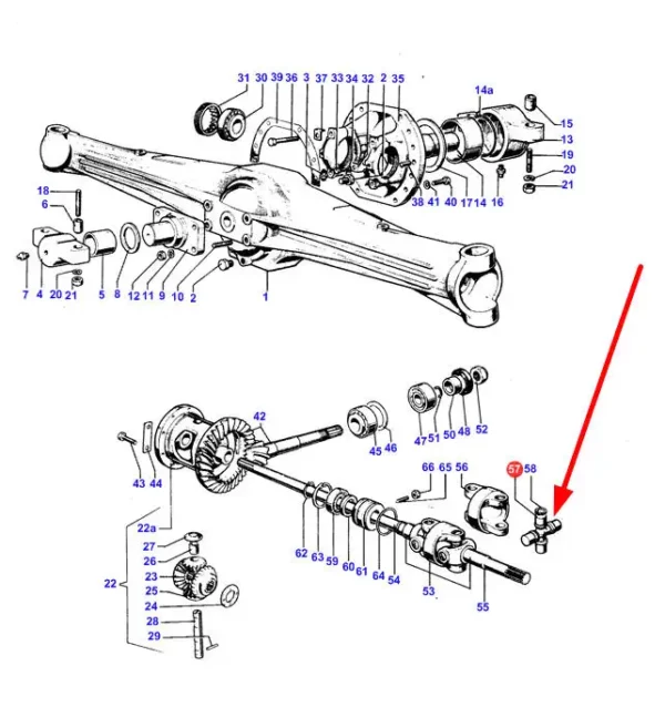 Oryginalny krzyżak przedniej osi o wymiarach 83 x 83 x 27, stosowany w ciągnikach marki Massey Ferguson schemat.