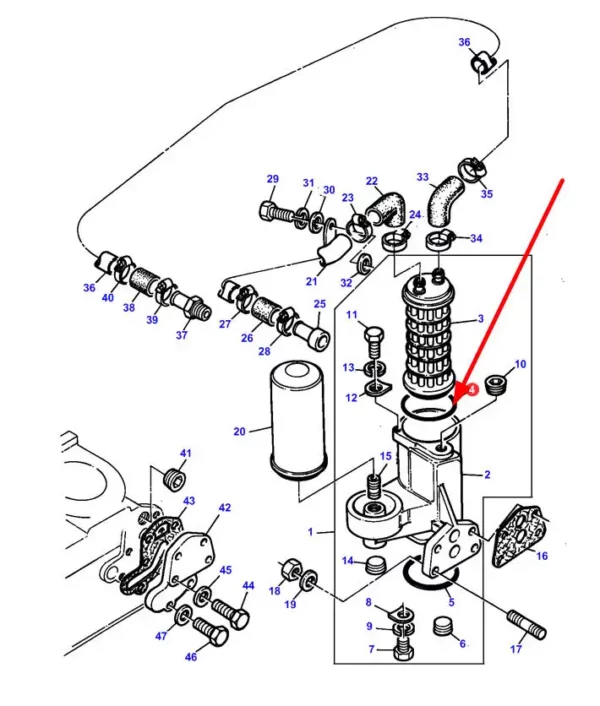 Oryginalny pierścień oring filtra oleju o numerze katalogowym 1447336M1, stosowany w ciagnikach rolniczych marki Massey Ferguson schemat.