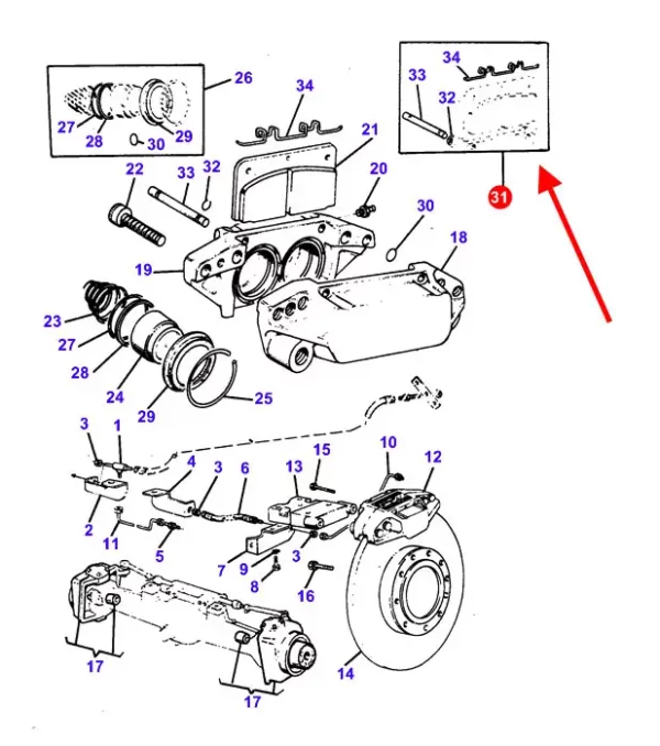Oryginalny komplet naprawczy układu hamulcowego, stosowany w ciągnikach rolniczych marki Massey Ferguson. schemat