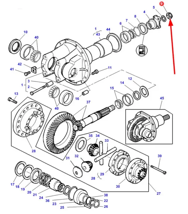 Oryginalna nakrętka obudowy mechanizmu różnicowego przedniej osi o numerze katalogowym 3765039M1, stosowana w ciągnikach rolniczych marki Challenger, Valtra oraz Massey Ferguson schemat.