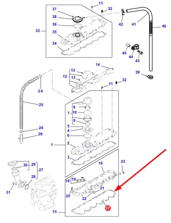 Oryginalna uszczelka pokrywy zaworowej, stosowana w ciągnikach marki Massey Ferguson schemat.