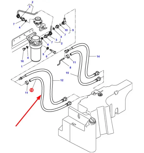Oryginalny przewód paliwowy, stosowany w ciągnikach rolniczych marki Massey Ferguson. schemat