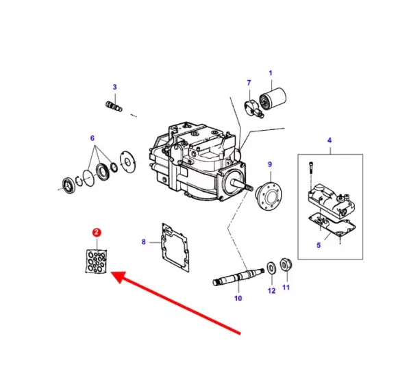 Oryginalny zestaw uszczelek pompy hydrostatycznej, stosowany w maszynach rolniczych marek Massey Ferguson, Fendt oraz Challenger. schemat