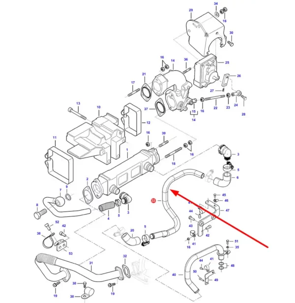 Oryginalny przewód układu EGR o numerze katalogowym V837084931, stosowany w maszynach rolniczych marki Massey Fergusoni i Valtra schemat