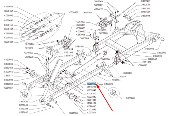 Oryginalny sworzeń wysięgnika teleskopowego o wymiarach fi30 L=76 i numerze katalogowym C230162, stosowany w ładowarkach marki Mutione schemat.