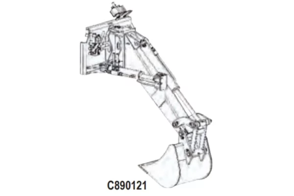 Oryginalna minikoparka z hydraulicznym obrotem 90 stopni, łyżką o szerokości 40 cm i numerze katalogowym C890121, stosowana w ładowarkach marki MultiOne. schemat