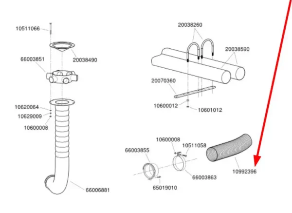 Oryginalny przewód z tworzywa sztucznego o średnicy 110 mm, (LG 6m25) i numerze katalogowym 10992396, stosowany w siewnikach punktowych marki Monosem. schemat