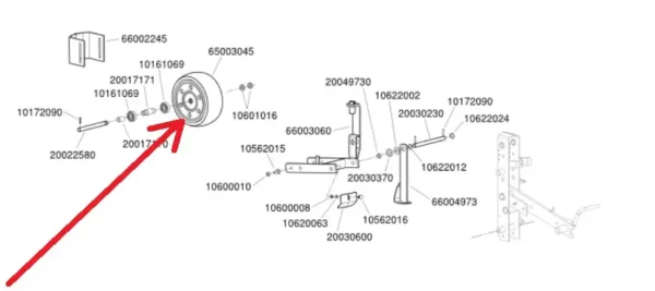 Oryginalne koło samoczyszczące o wymiarach 260 x 100 mm i numerze katalogowym 65003045, stosowane w siewnikach punktowych marki Monosem schemat.