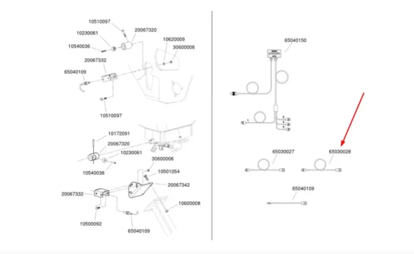Oryginalny przewód elektryczny o numerze katalogowym 65030028, stosowany w maszynach uprawowych marki Monosem.-schemat