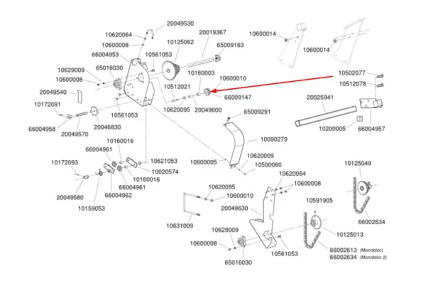 Oryginalna rolka zębata napinacza stosowana w maszynach rolniczych marki Monosem schemat