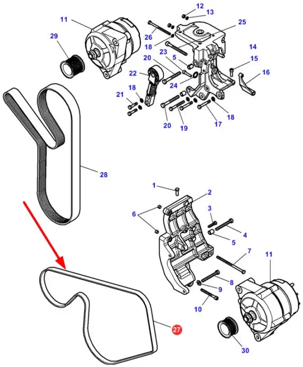 Pasek klinowy wielorowkowy alternatora o wymiarach 6 PK x 1885 lp, numerze katalogowym 6PKX1885LP, stosowany w ciągnikach rolniczych marki Massey Ferguson schemat.