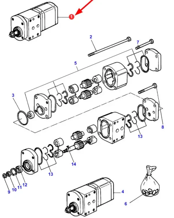 Pompa hydrauliczna marki Rexroth będąca zamiennikiem dla oryginalnych pomp hydraulicznych o numerze katalogowym 3382280M1, stosowana w ciągnikach rolniczych marki Massey Fergusson- schemat.