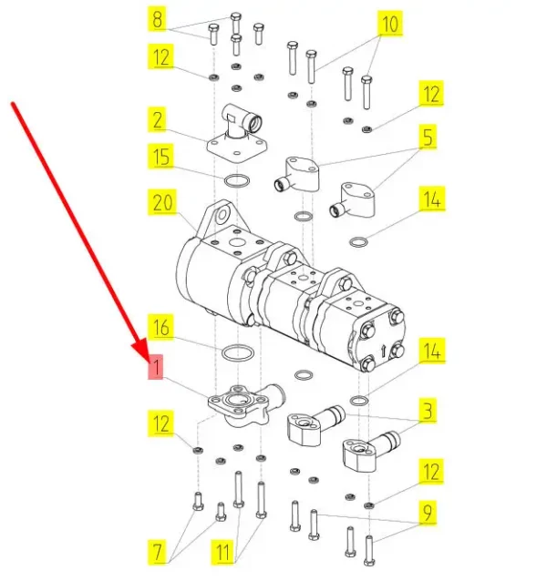 Oryginalne kolanko hydrauliczne pompy o numerze katalogowym 100030179, stosowane w kombajnach zbożowych marki Rostselmash schemat.