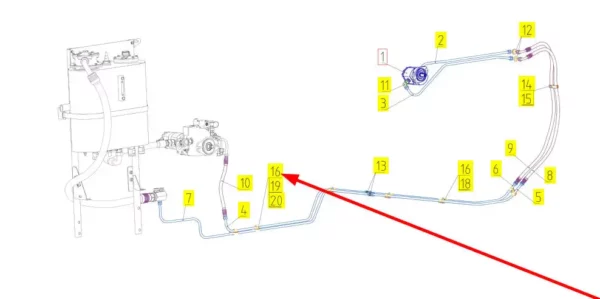 Oryginalne mocowanie przewodu hydraulicznego o numerze katalogowym 100030380, stosowane w kombajnach zbożowych marki Rostselmash schemat.