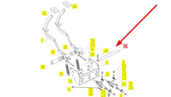 Oryginalny wał pedału hamulca o numerze katalogowym 100037300, stosowany w kombajnach zbożowych marki Rostselmash schemat