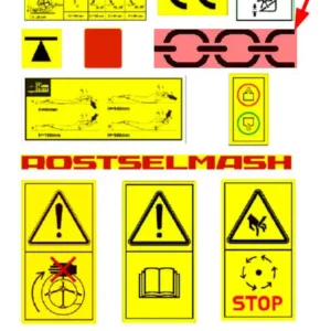 Oryginalna naklejka symbolu spinania o numerze katalogowym 100040035, stosowana w kombajnach oraz hederach zbożowych marki Rostselmash schemat