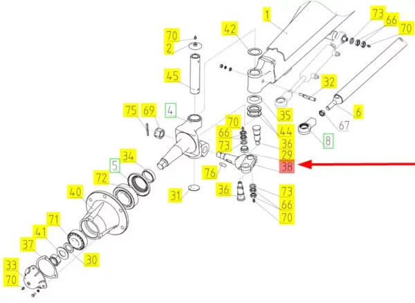 Oryginalne zawieszenie osi o numerze katalogowym 100048995, stosowane w kombajnach zbożowych marki Rostselmash- schemat.