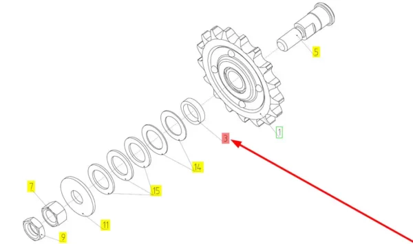 Oryginalna tuleja koła zębatego o numerze katalogowym 100063388, stosowana w kombajnach zbożowych marki Rostselmash schemat.