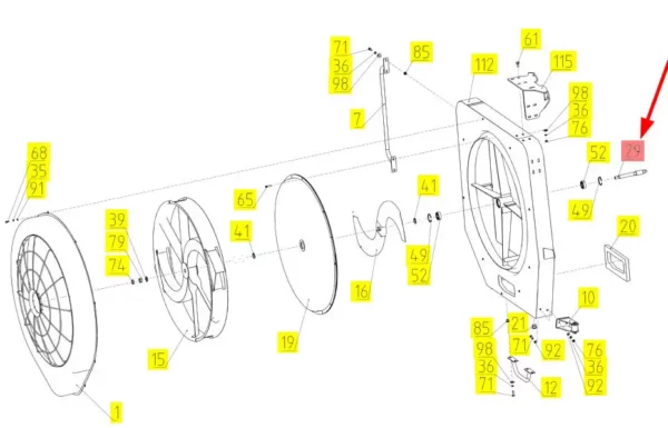 Oryginalny wałek wentylatora o numerze katalogowym 100066204, stosowany w kombajnach zbożowych marki Rostselmash- schemat.