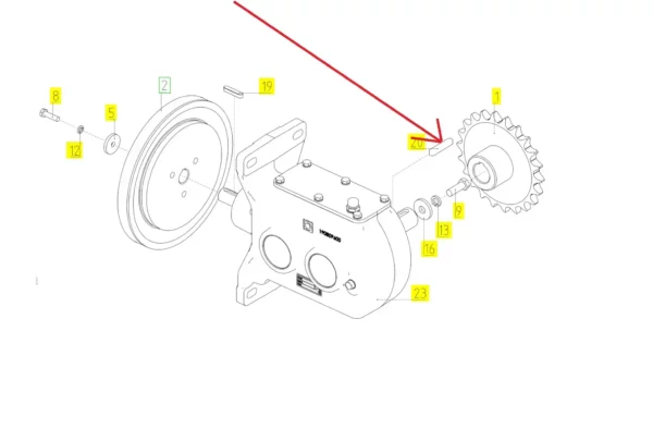 Oryginalny klin koła zębatego napędu bębna rotora o wymiarach 10 x 8 x 56 mm i numerze katalogowym 100109200, stosowany w kombajnach zbożowych marki Rostselmash schemat.
