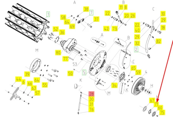 Oryginalna podkładka koronkowa o rozmiarze M42 x 1,4 mm i numerze katalogowym 100134981, stosowana w kombajnach zbożowych marki Rostselmash.-schemat