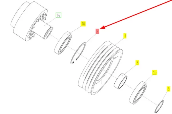 Oryginalny pierścień segera koła pasowego skrzyni biegów o numerze katalogowym 100150361, stosowany w kombajnach zbożowych marki Rostselmash. schemat