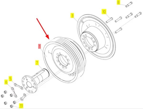 Oryginalne koło pasowe o numerze katalogowym 100153533, stosowane w kombjnach zbożowych marki Rostselmash. schemat