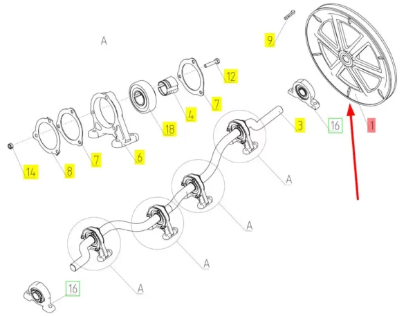 Oryginalne koło pasowe wału wytrząsacza o numerze katalogowym 100171339, stosowane w kombjnach zbożowych marki Rostselmash. schemat